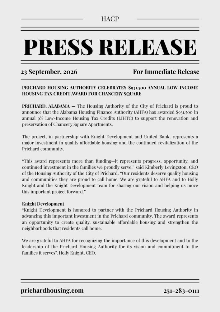 Press Release Award Announcement $931,500 from the Alabama Housing Finance Authority