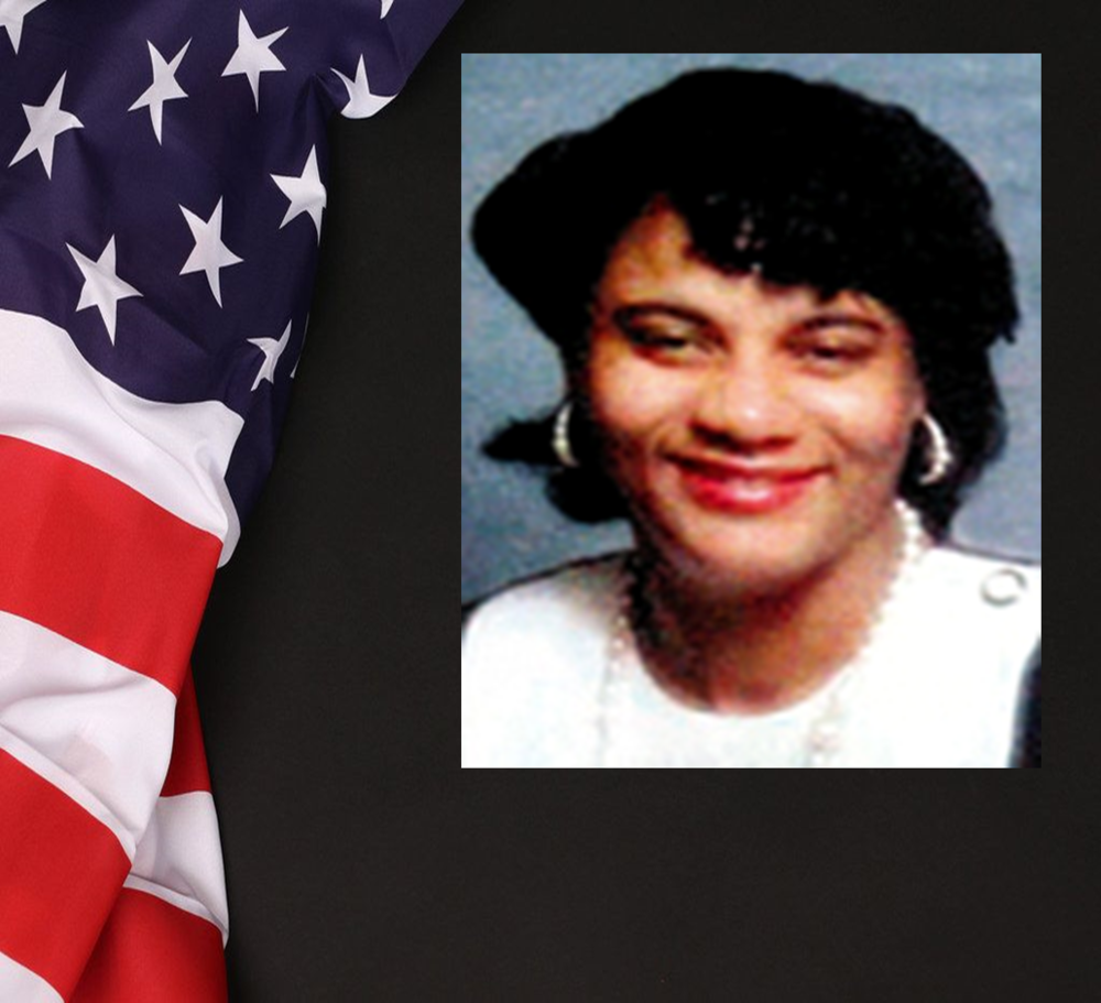 A professional portrait of Ms. Ratchfod with an American flag overlaid