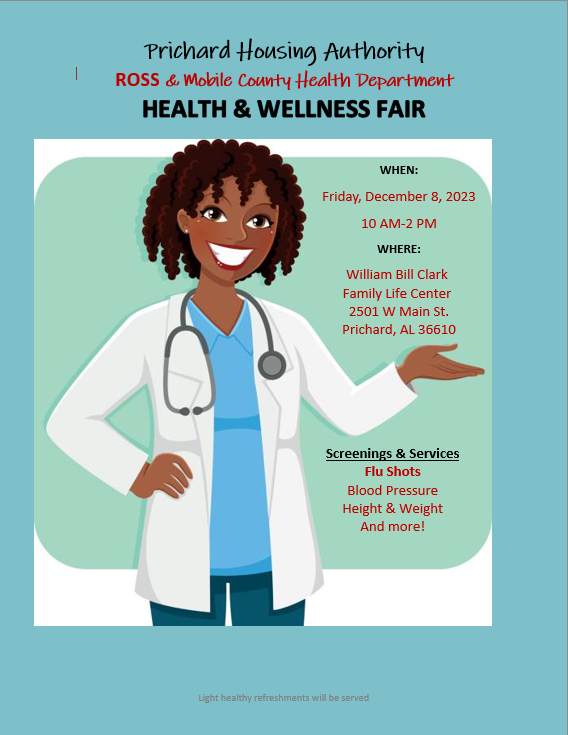 Prichard Housing Authority ROSS and Mobile County Health Department Health and Wellness Fair Flyer.